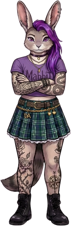 Mabbit, the tattooed rabbit character with purple hair, standing with arms crossed