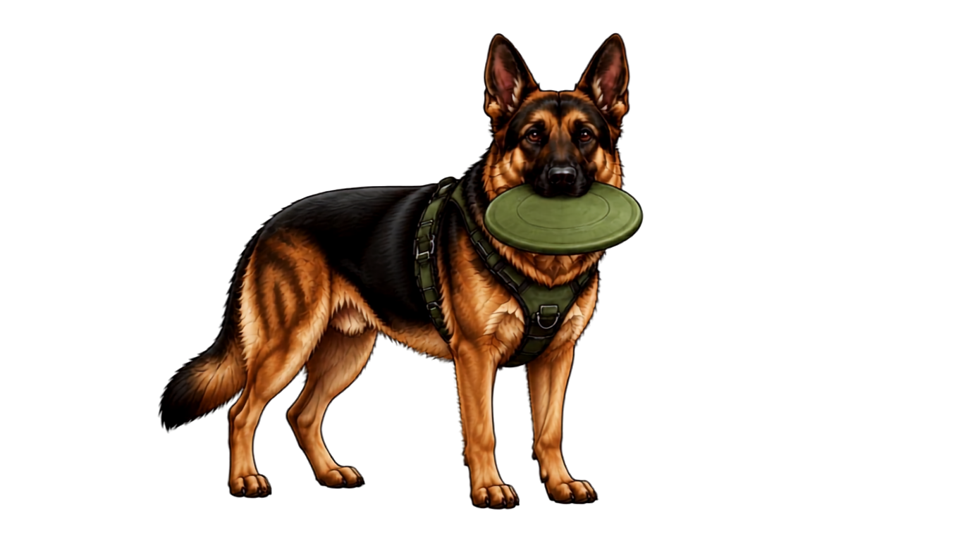Whonah, a German Shepherd, returning with a green frisbee