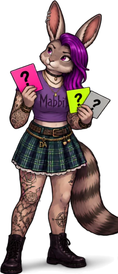Mabbit holding up three cards, each marked with a question mark.