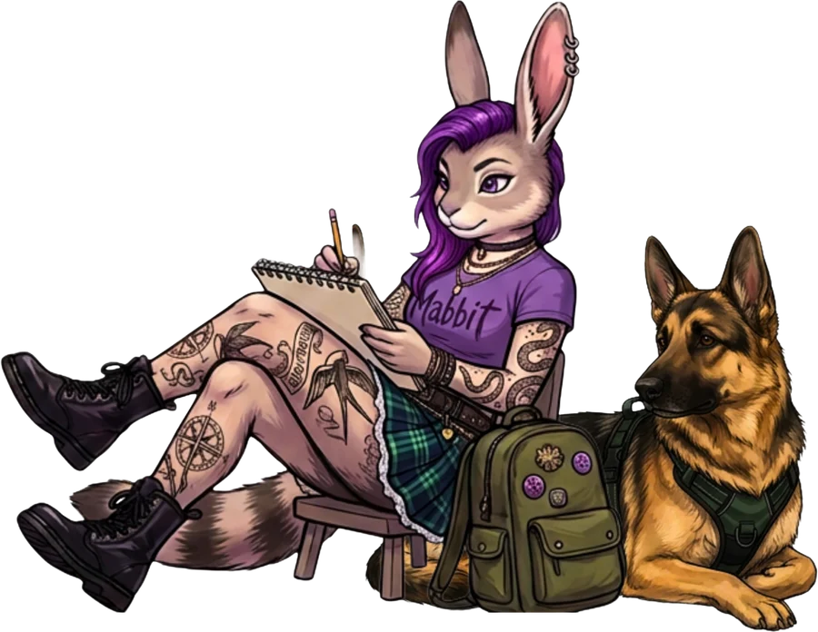 Mabbit, an anthropomorphic rabbit with purple hair and tattoos, sits sketching in a notebook with a backpack beside her while Whonah, a German Shepherd, lies next to her.