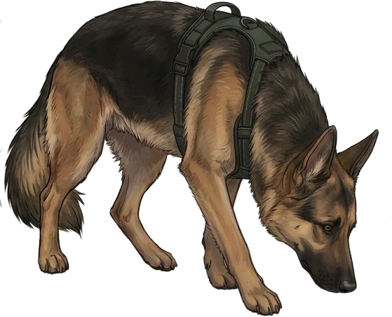 Whonah, a German Shepherd, with his nose to the ground, following a trail.