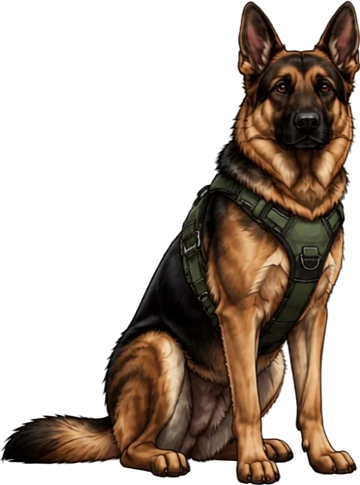 Whonah, a German Shepherd in a dark green harness, sitting and looking straight ahead.