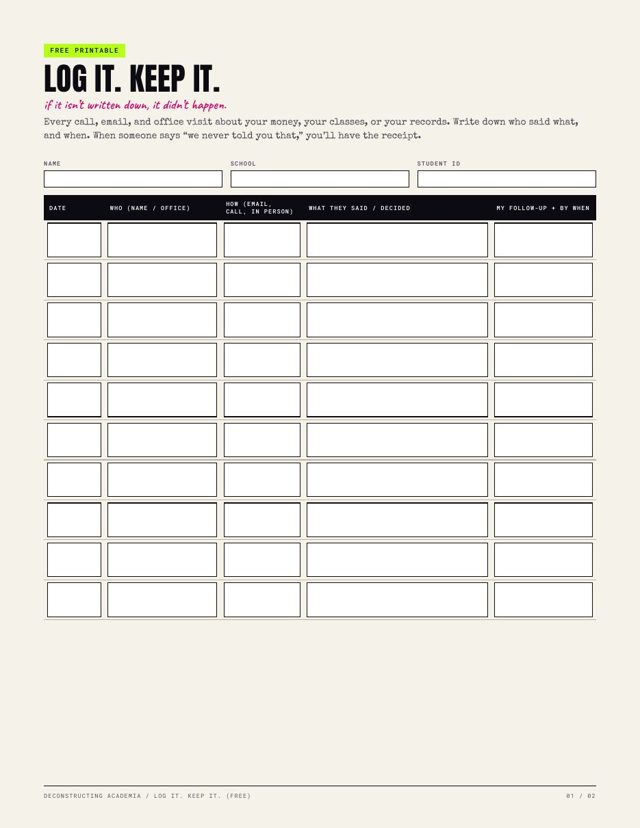 Page one of the Log It. Keep It. printable: name, school, and student ID fields above a ten-row log with columns for date, who, how, what they said, and follow-up.