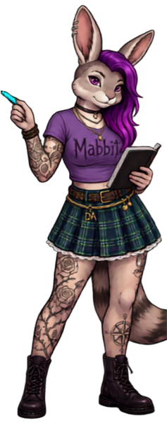 Mabbit, the Deconstructing Academia rabbit, holding a notebook and pointing